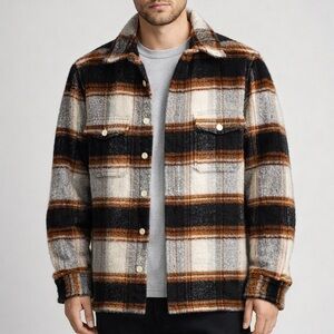 AllSaints Rayado Plaid Wool Blend Shirt Jacket Shacket Brown Black Size S